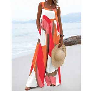 Boho Vibrant Color Block Pockets Wide Leg Jumpsuit